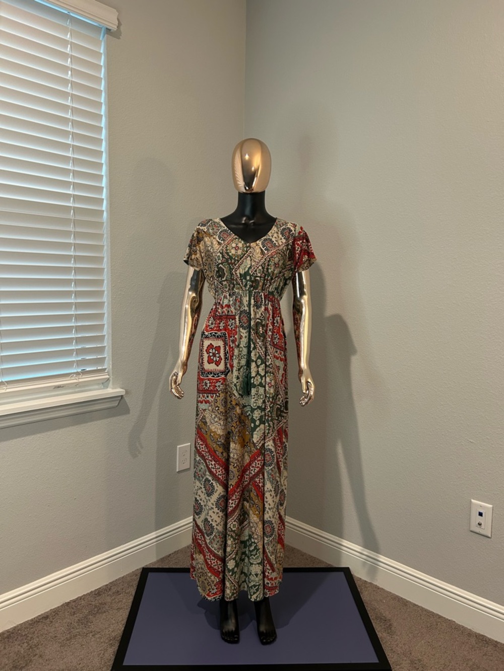 Bohemian Patchwork Print Maxi Dress - Red, Green & Cream - Picture 2 of 6